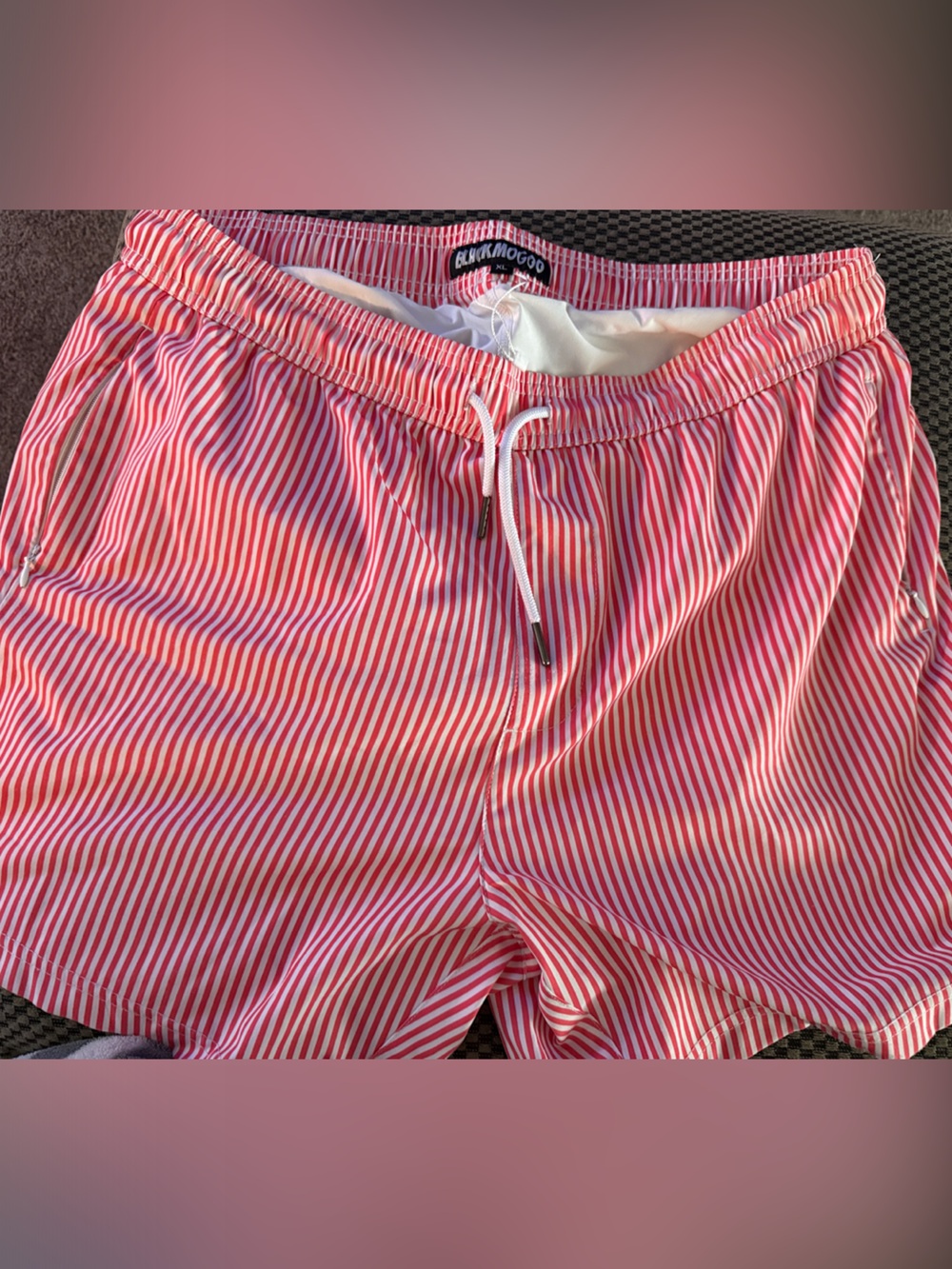 Striped Pink & White Swim Shorts with Drawstring